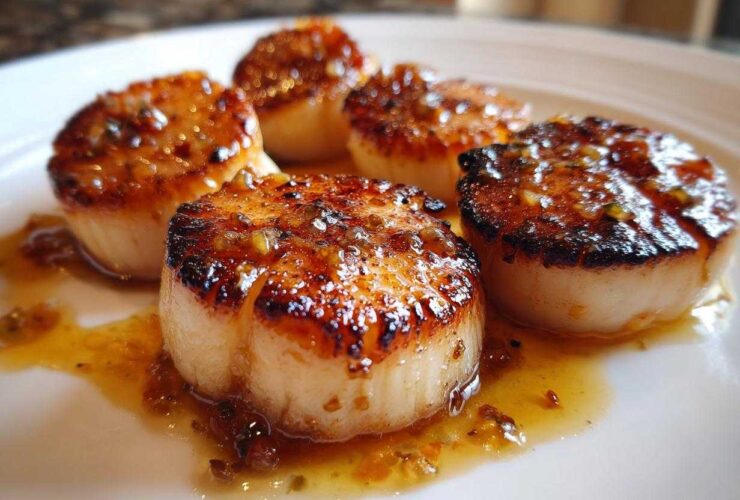 Five perfectly seared scallops resting in a pool of glistening grapefruit brown butter sauce on a white plate.