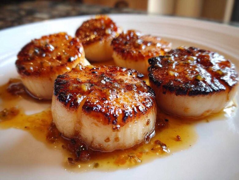 Five perfectly seared scallops resting in a pool of glistening grapefruit brown butter sauce on a white plate.