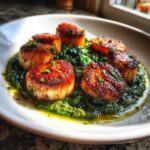 Five perfectly seared scallops resting on a bed of vibrant green spinach pesto sauce.