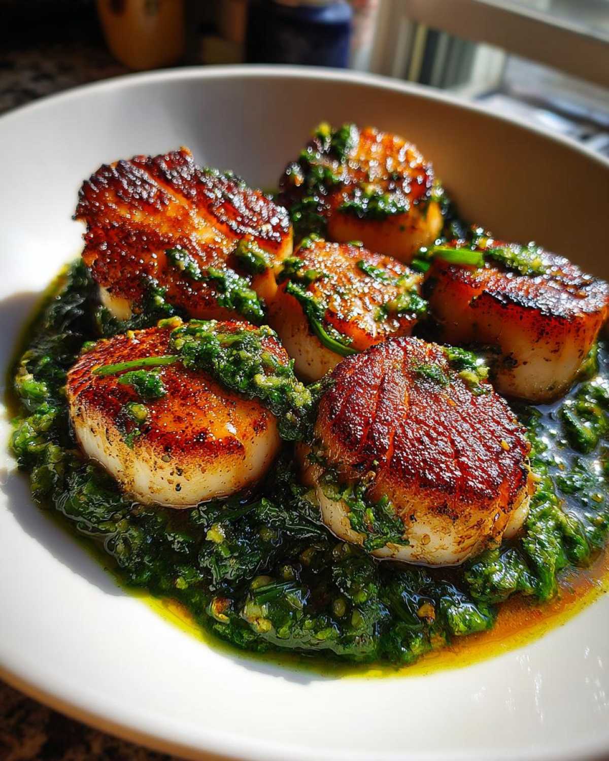 Five perfectly seared scallops resting in a vibrant pool of spinach pesto sauce.