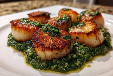 Close-up of perfectly seared scallops resting on a bed of vibrant spinach pesto.