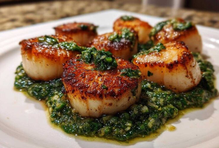 Close-up of perfectly seared scallops resting on a bed of vibrant spinach pesto.