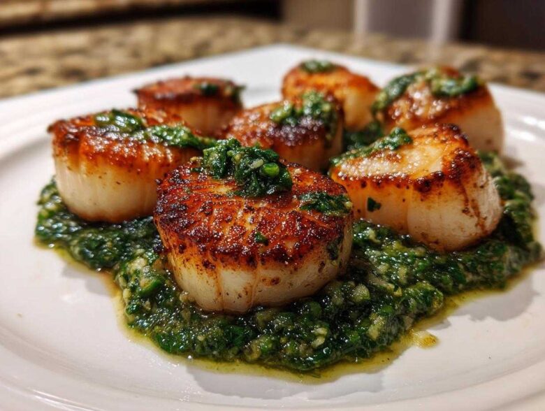 Close-up of perfectly seared scallops resting on a bed of vibrant spinach pesto.