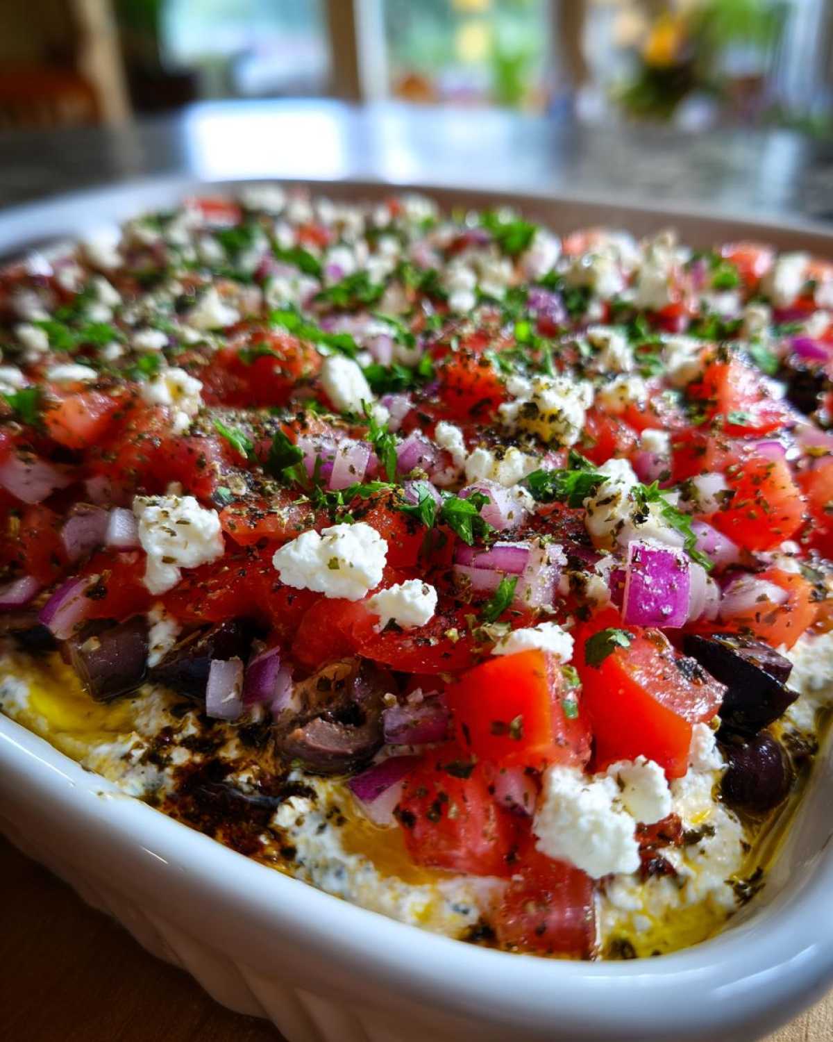 Close-up of the top layer of the Seven-Layer Mediterranean Dip with tomatoes, feta, olives, and herbs.