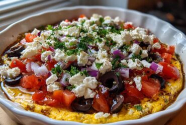A vibrant close-up of the top layer of the Seven-Layer Mediterranean Dip, featuring feta, tomatoes, olives, and herbs.