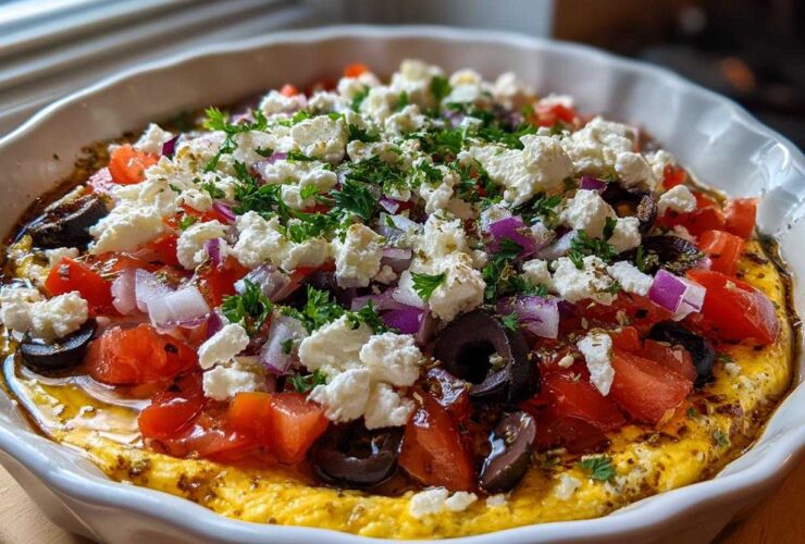 A vibrant close-up of the top layer of the Seven-Layer Mediterranean Dip, featuring feta, tomatoes, olives, and herbs.