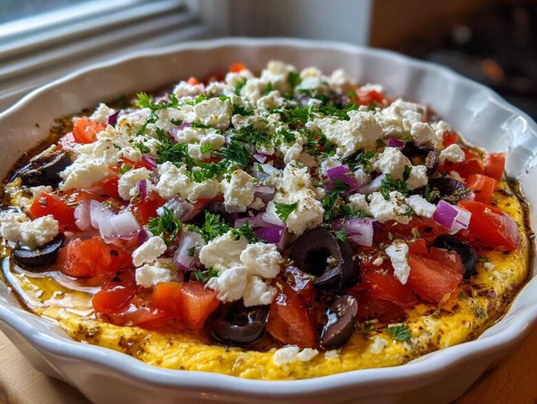 A vibrant close-up of the top layer of the Seven-Layer Mediterranean Dip, featuring feta, tomatoes, olives, and herbs.