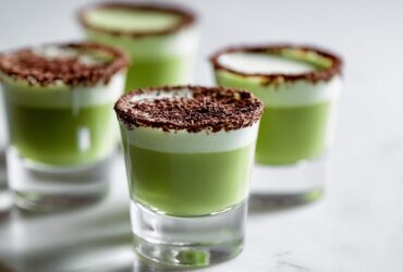 Close-up of Shamrock Shake Boozy Shooters in shot glasses with a white foam top and chocolate shavings.