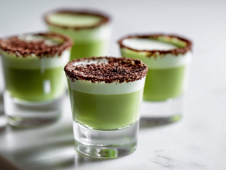 Close-up of Shamrock Shake Boozy Shooters in shot glasses with a white foam top and chocolate shavings.