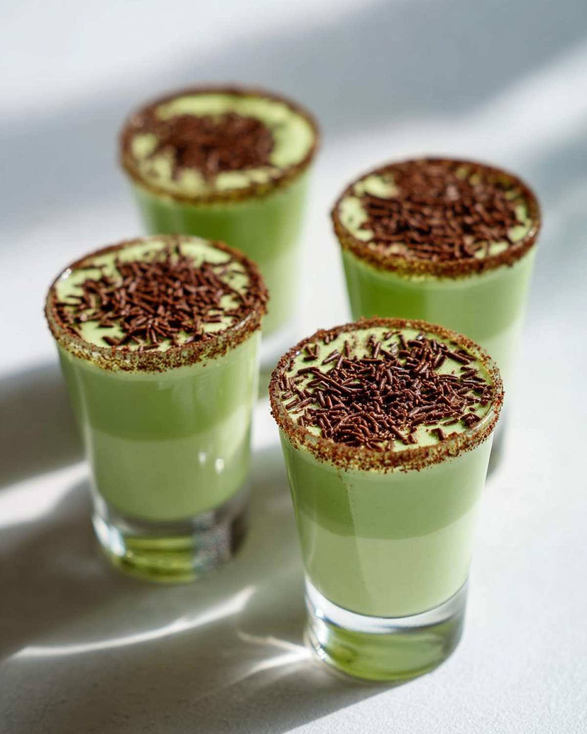 Four green, layered Shamrock Shake Boozy Shooters topped with chocolate sprinkles and a rim garnish.