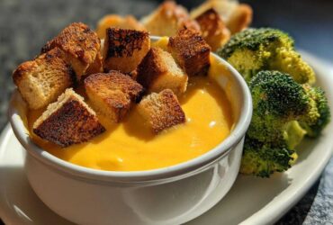 A white bowl filled with bright orange Sharp Cheddar and Apple Cider Fondue, topped with toasted croutons and served with broccoli florets.