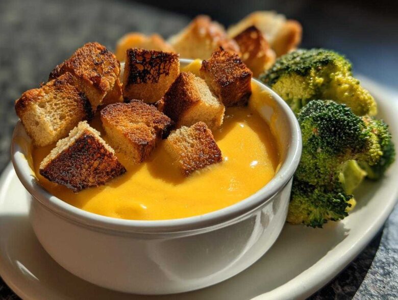 A white bowl filled with bright orange Sharp Cheddar and Apple Cider Fondue, topped with toasted croutons and served with broccoli florets.