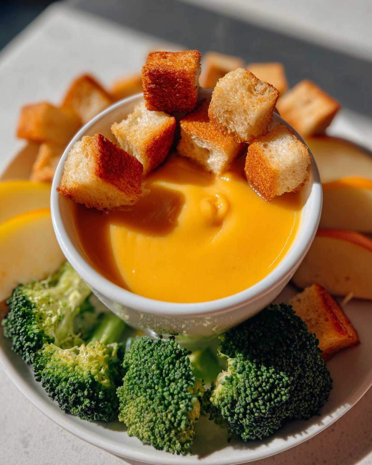 A bowl of bright orange Sharp Cheddar and Apple Cider Fondue topped with croutons, served with broccoli and apple slices.