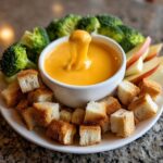 A bowl of melted Sharp Cheddar and Apple Cider Fondue being dipped into with a piece of bread, surrounded by broccoli and apple slices.