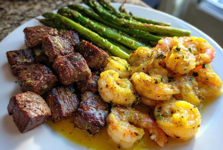 A plate featuring steak bites, garlic butter shrimp, and roasted asparagus, showcasing the Sheet Pan Steak and Garlic Butter Shrimp recipe.