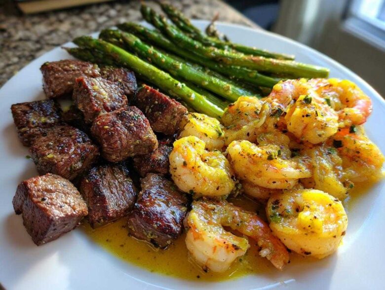 A plate featuring steak bites, garlic butter shrimp, and roasted asparagus, showcasing the Sheet Pan Steak and Garlic Butter Shrimp recipe.