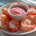 Plump, cooked shrimp arranged around a small white ramekin of pink remoulade sauce for Shrimp Cocktail.