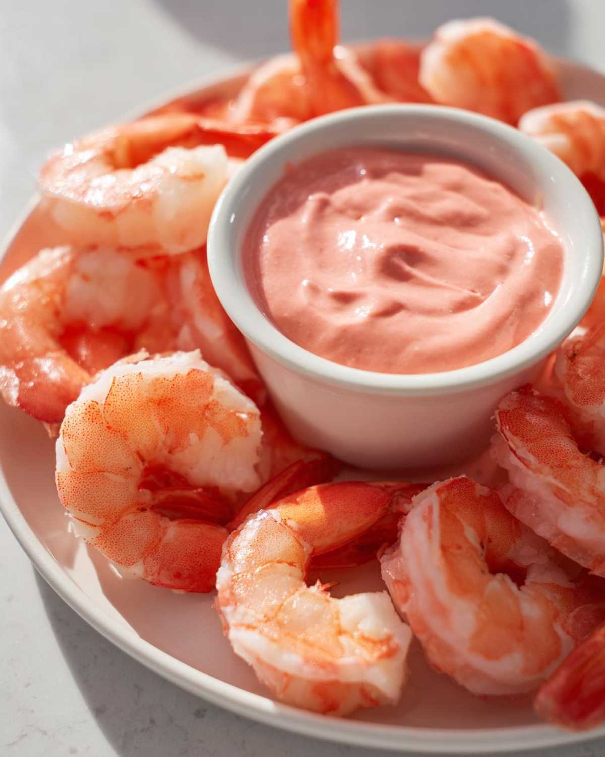 Close-up of chilled shrimp surrounding a small white bowl of pink remoulade sauce for Shrimp Cocktail.