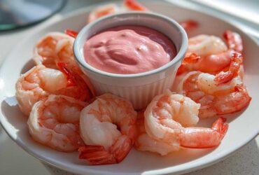Plump, cooked shrimp arranged around a small white ramekin of pink remoulade sauce for Shrimp Cocktail.