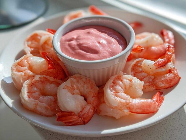 Plump, cooked shrimp arranged around a small white ramekin of pink remoulade sauce for Shrimp Cocktail.