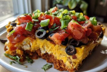 A close-up slice of Vegan 7-Layer Dip showing layers of cashew queso, beans, salsa, olives, and green onions.
