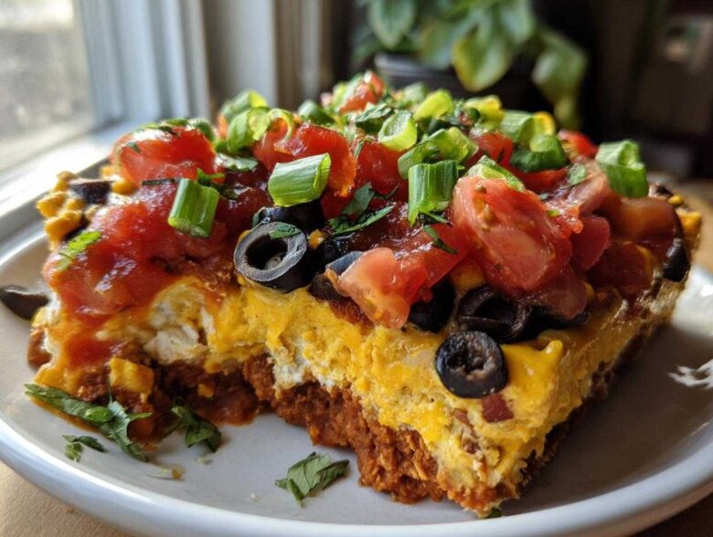 A close-up slice of Vegan 7-Layer Dip showing layers of cashew queso, beans, salsa, olives, and green onions.