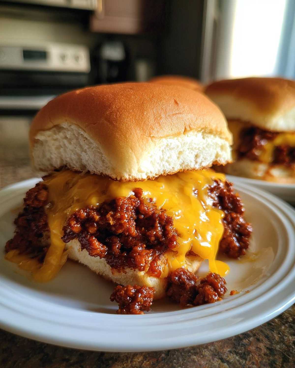Close-up of a Sloppy Joe Sliders with Melted Cheddar, featuring saucy meat overflowing onto a white plate.