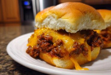 Close-up of a Sloppy Joe Slider topped with dripping, melted cheddar cheese on a white plate.