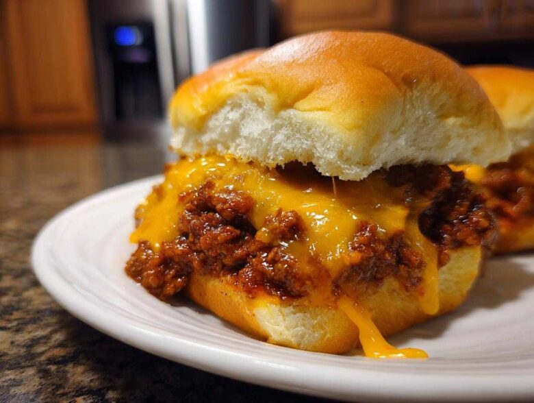 Close-up of a Sloppy Joe Slider topped with dripping, melted cheddar cheese on a white plate.