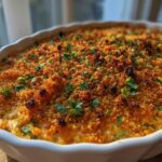 Close-up of a baked Smoked Brisket Jalapeno Popper Dip with a golden, crispy breadcrumb topping and fresh parsley.
