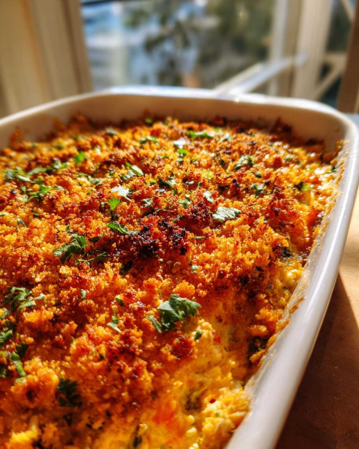 Close-up of baked Smoked Brisket Jalapeno Popper Dip with a golden, crispy breadcrumb topping and fresh parsley.