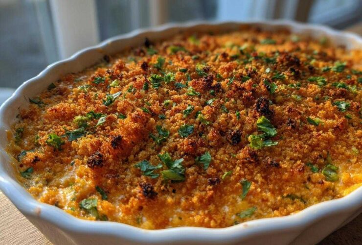 Close-up of a baked Smoked Brisket Jalapeno Popper Dip with a golden, crispy breadcrumb topping and fresh parsley.