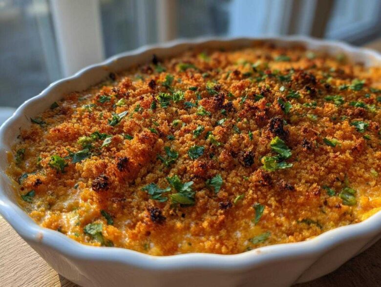 Close-up of a baked Smoked Brisket Jalapeno Popper Dip with a golden, crispy breadcrumb topping and fresh parsley.