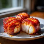 Three perfectly cooked Smoked Paprika Bacon Wrapped Scallops glistening on a white plate.