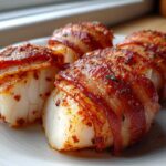 Four perfectly cooked Smoked Paprika Bacon Wrapped Scallops seasoned with spices on a white plate.