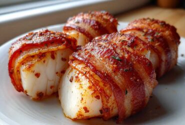 Four perfectly cooked Smoked Paprika Bacon Wrapped Scallops seasoned with spices on a white plate.