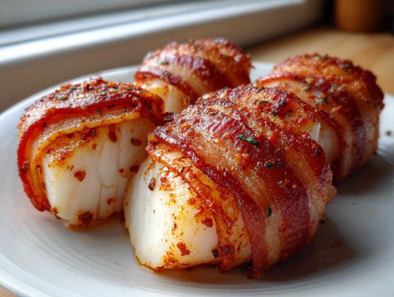 Four perfectly cooked Smoked Paprika Bacon Wrapped Scallops seasoned with spices on a white plate.