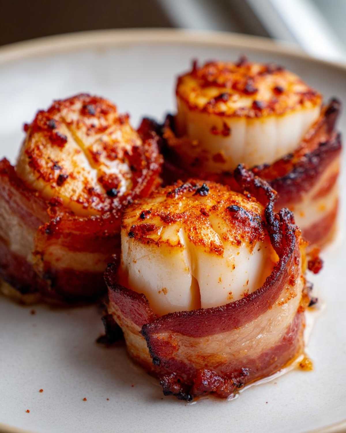 Three perfectly cooked Smoked Paprika Bacon Wrapped Scallops seasoned on top, served on a light plate.
