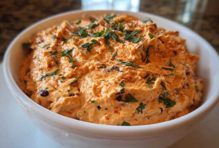A close-up of creamy Smoked Paprika Neiman Marcus Dip garnished with parsley and paprika in a white bowl.