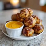 A pile of golden brown Soft Pretzel Bites with Beer Cheese Dip served on a small white plate.