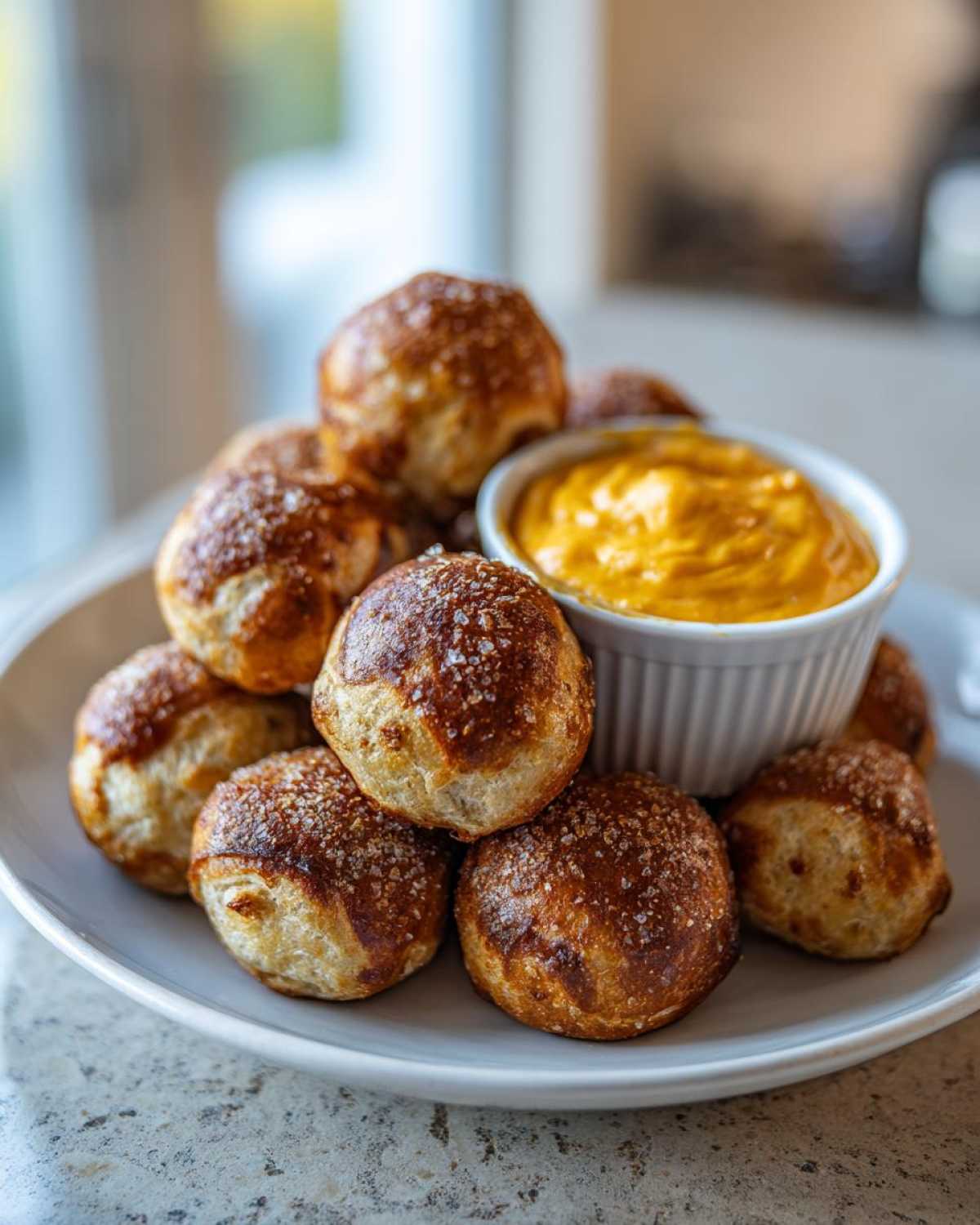 A pile of golden brown Soft Pretzel Bites with Beer Cheese Dip served on a light gray plate.