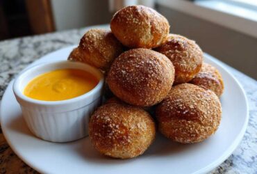 A pile of golden brown Soft Pretzel Bites with Beer Cheese Dip served on a white plate.