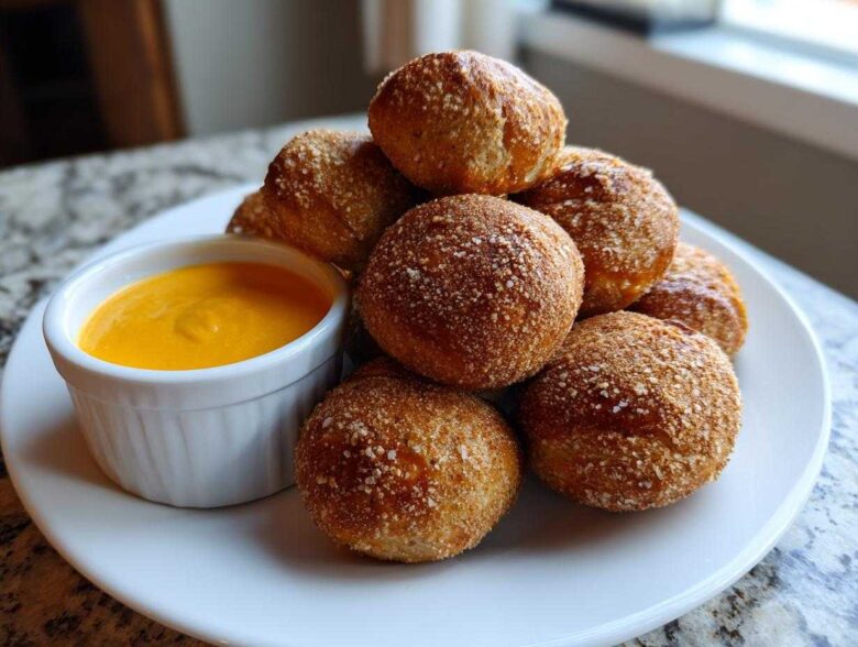 A pile of golden brown Soft Pretzel Bites with Beer Cheese Dip served on a white plate.
