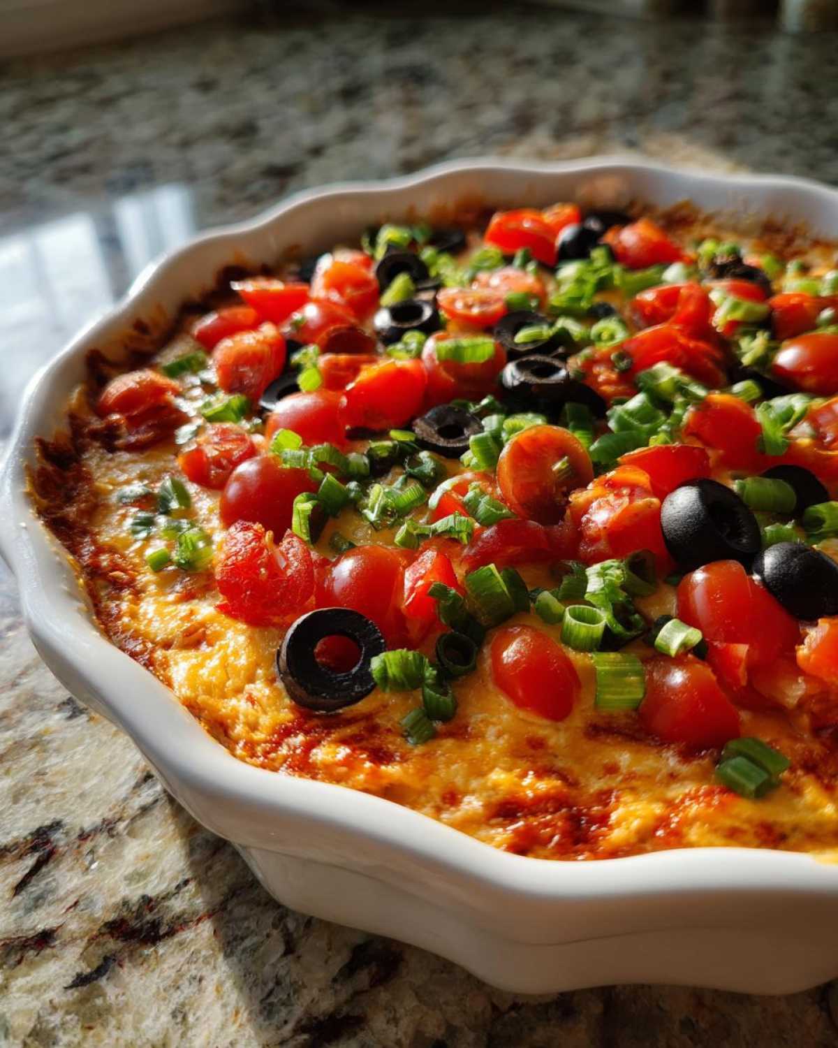 Close-up of baked Southern 7-Layer Dip with Pimento Cheese Base topped with tomatoes, olives, and green onions.
