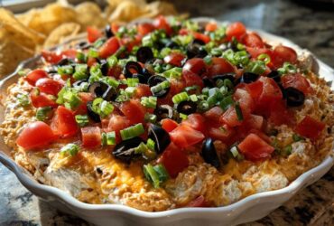 Close-up of a fully assembled Southern 7-Layer Dip with Pimento Cheese Base, topped with diced tomatoes, black olives, and green onions.