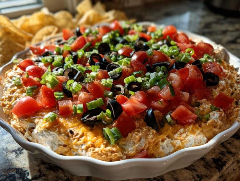 Close-up of a fully assembled Southern 7-Layer Dip with Pimento Cheese Base, topped with diced tomatoes, black olives, and green onions.
