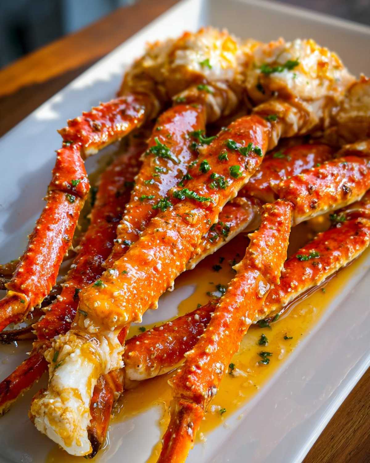 Bright orange Spicy Butter-Poached Snow Crab Legs glistening with sauce and garnished with parsley on a white platter.