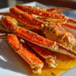 Close-up of bright orange Spicy Butter-Poached Snow Crab Legs glistening in rich, yellow butter sauce.
