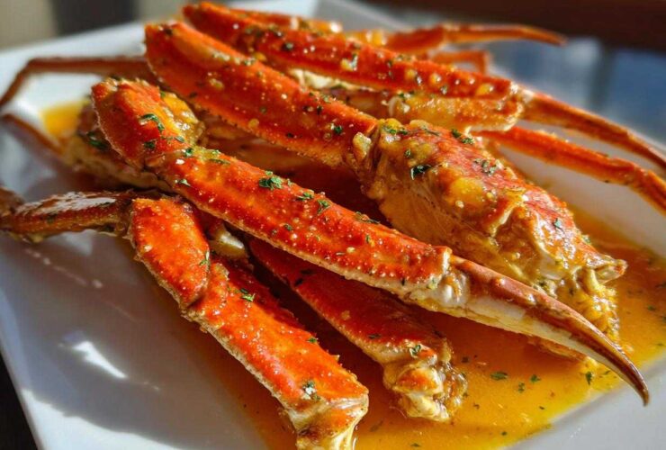 Close-up of bright orange Spicy Butter-Poached Snow Crab Legs glistening in rich, yellow butter sauce.