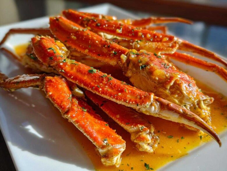 Close-up of bright orange Spicy Butter-Poached Snow Crab Legs glistening in rich, yellow butter sauce.